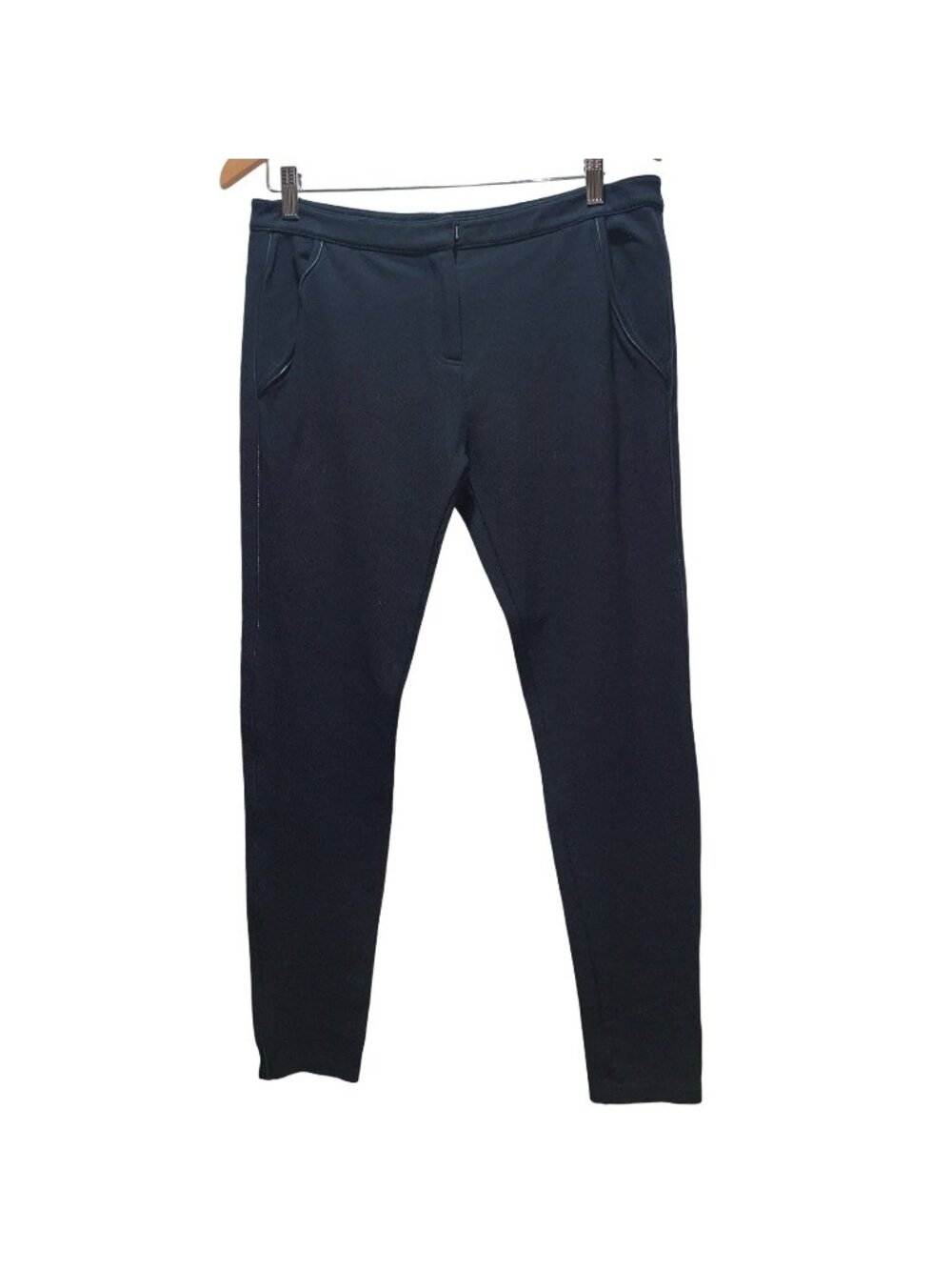 Tory Burch Black 'Emily' Straight-Leg ponte Pants with Thin Patent Piping size M